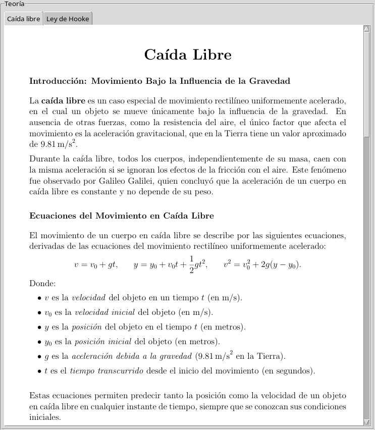 Interfaz para mostrar la teoría de *Caída libre*.