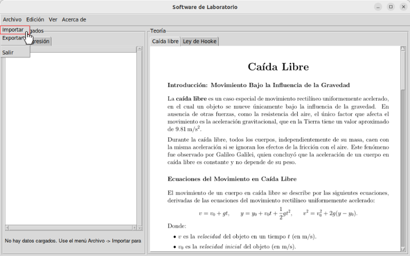 Menú para importar los datos.