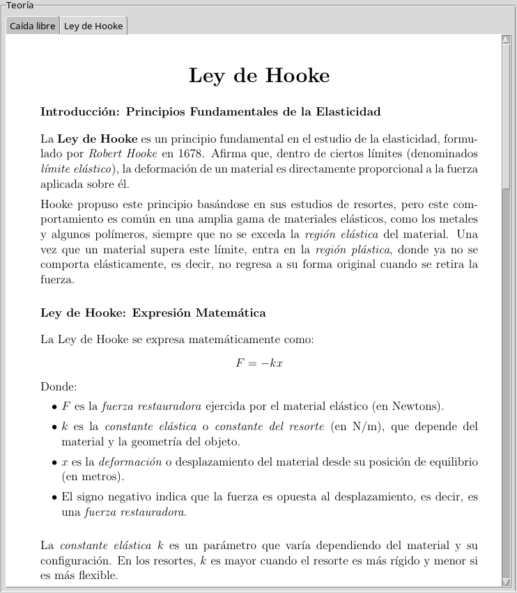 Interfaz para mostrar la teoría de *Ley de Hooke*.