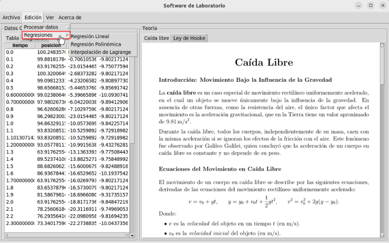 Regresiones disponibles para el ajuste de datos.